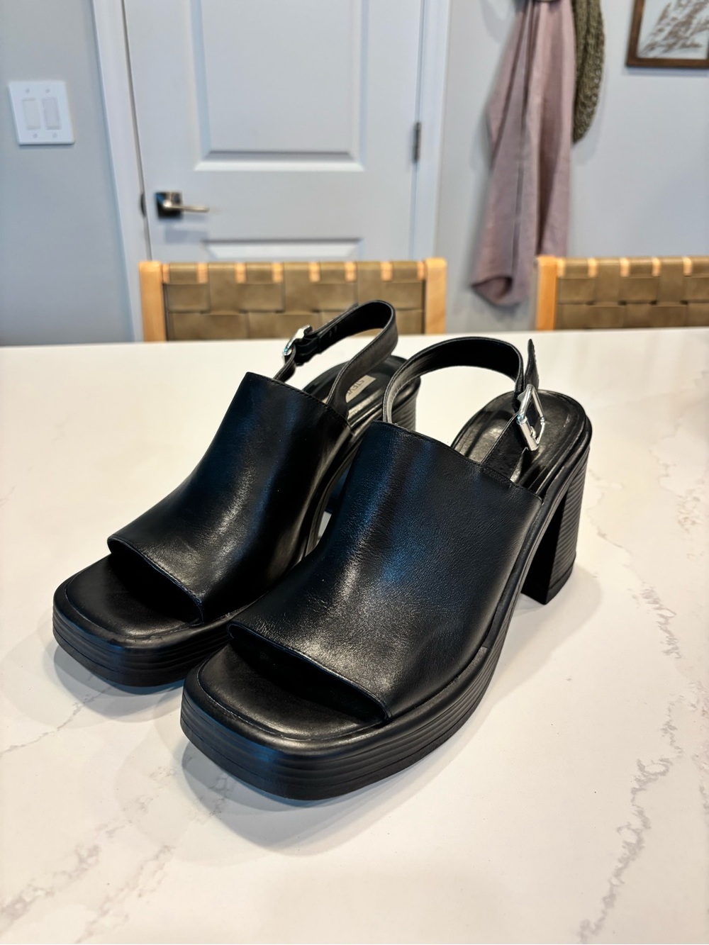 Steve Madden Black Leather Platform Slingback Heels